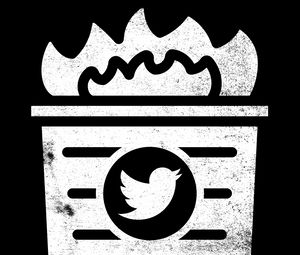 A stylized dumpster, contents ablaze, emblazoned with the Twitter logo.